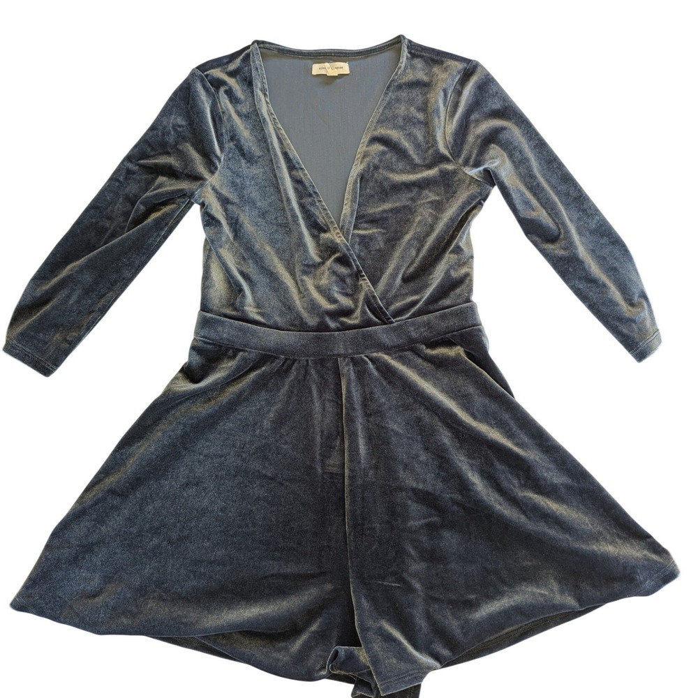 Silence +‎ Noise Velvet Romper Slate Blue V-Neck Long Sleeve Festival Chic Small